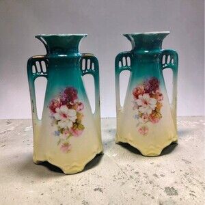 Czechoslovakian Double Handle Bud Vase Pair Hand Painted Floral Teal Ombre